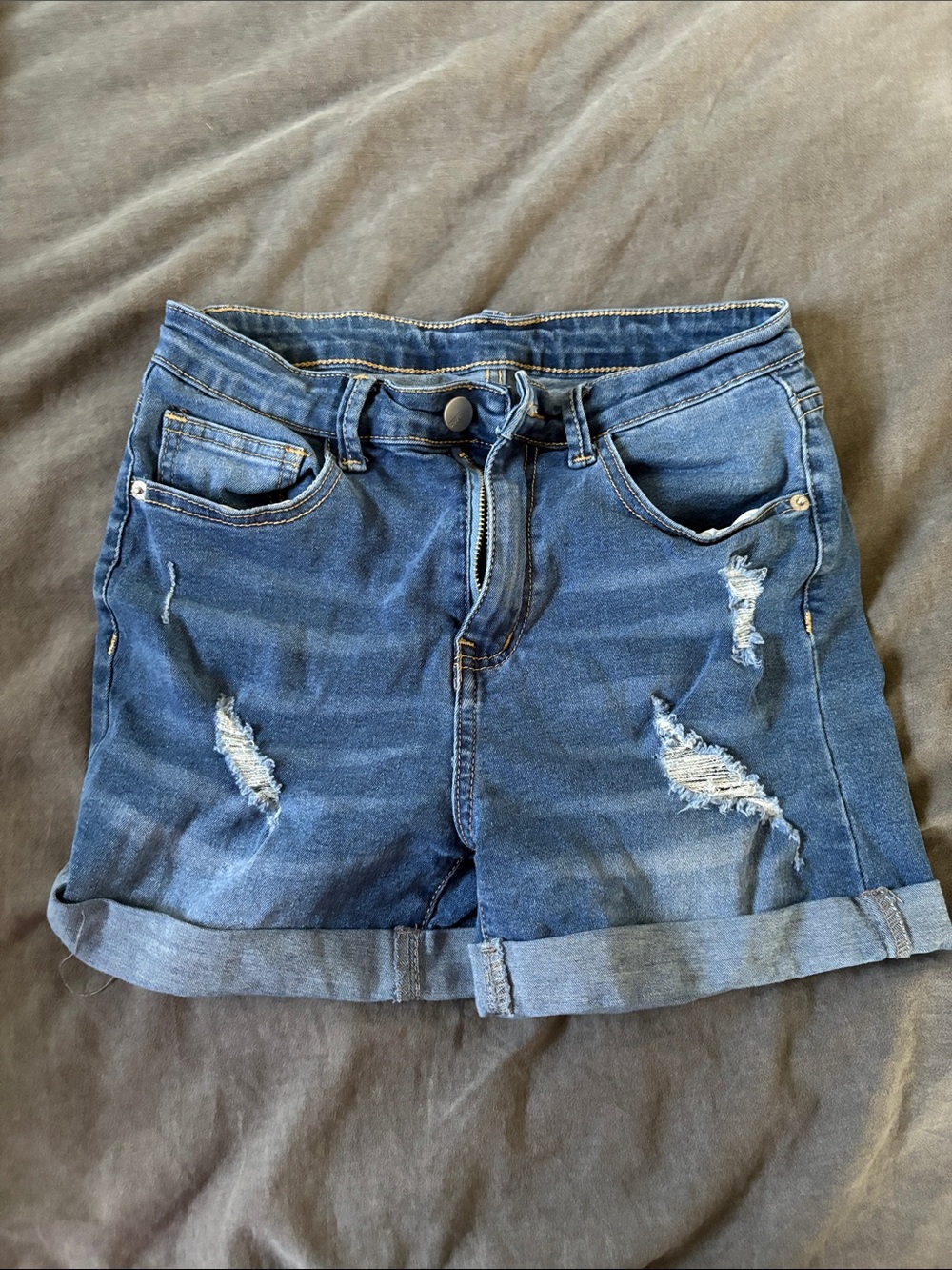 Distressed Dark Blue Rolled Hem Jean Shorts